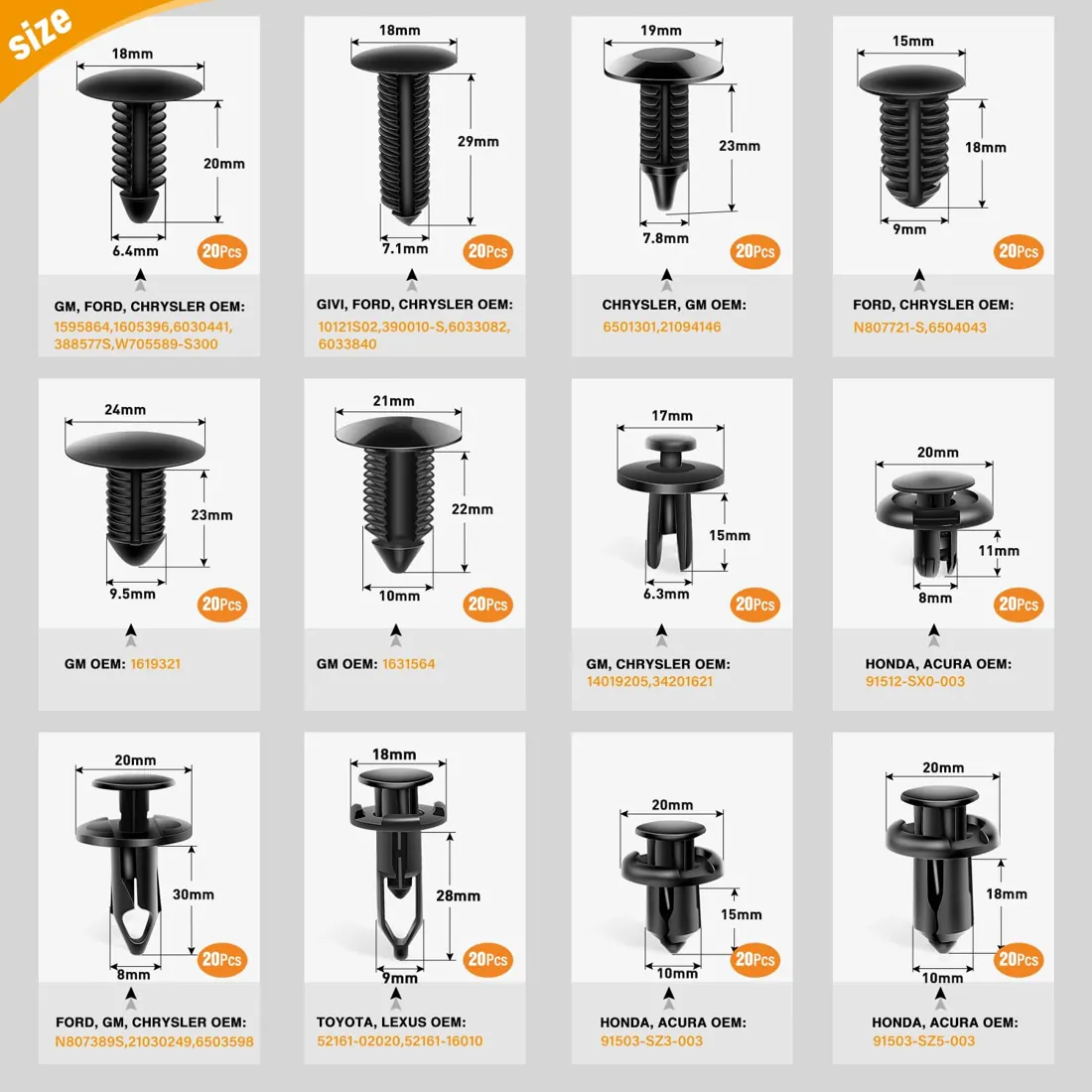 Close-up of the 12 different clip and rivet styles included in the kit