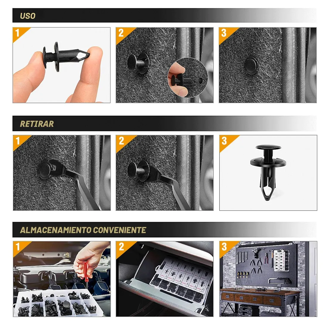 Individual clip and rivet shapes shown at full size