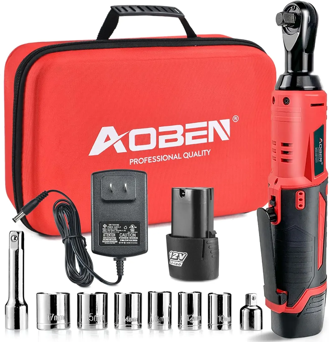 Kit contents arranged inside the carrying case: charger, spare battery, extension bar and 6 metric sockets